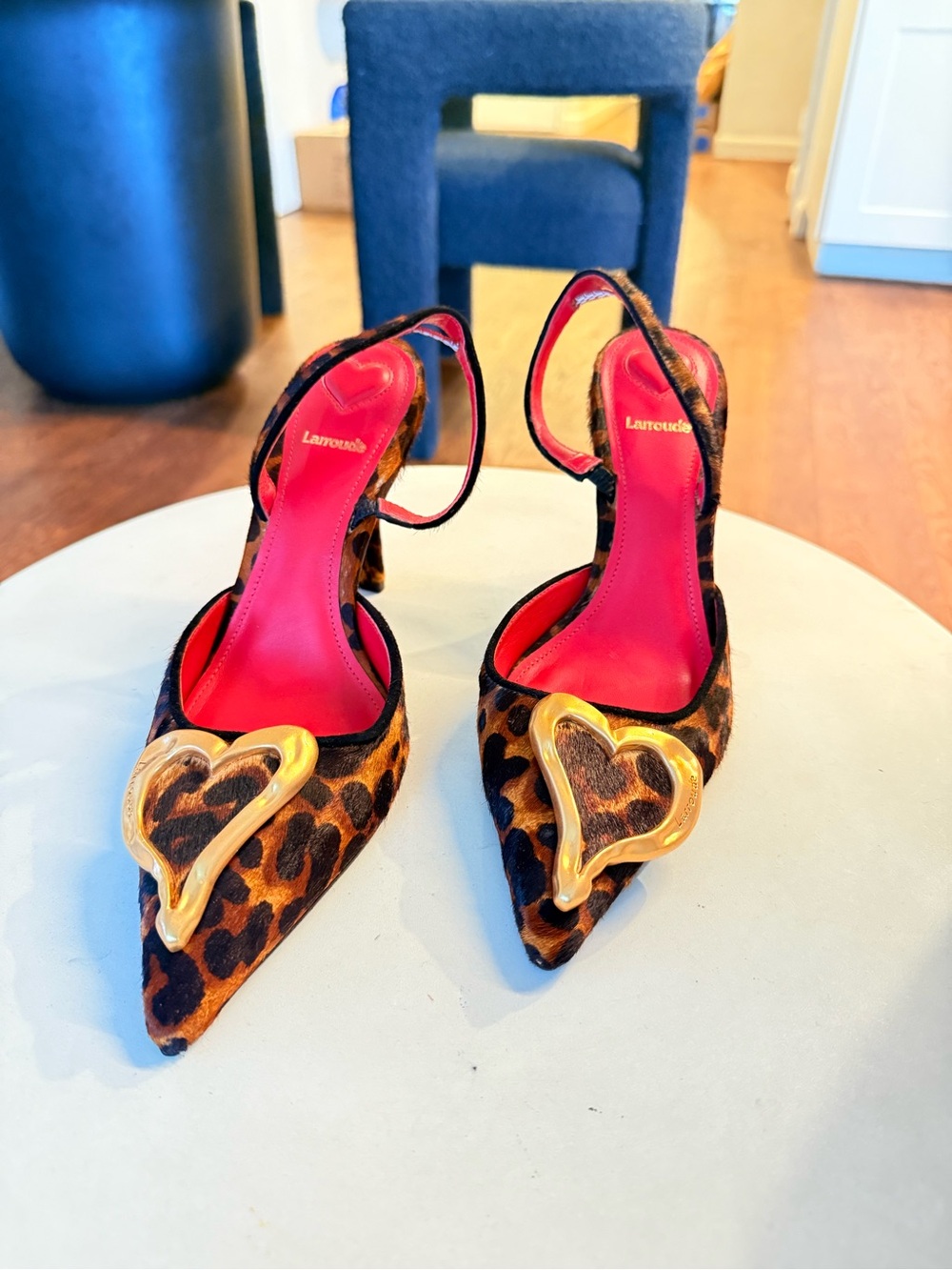 Larroude Cheetah Print Calf Hair Real Fur Slingback Heels Size 7.5
